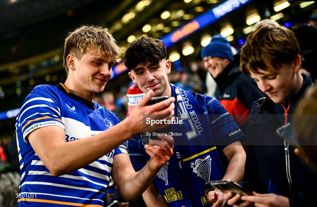 24 October 2026; Caspar Gabriel of Leinster with supporters after the United Rugby Championship match between Leinster and Munster at the Aviva Stadium in Dublin. Photo by Shauna Clinton/Sportsfile