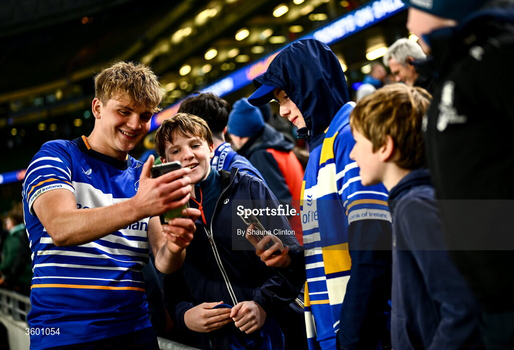 24 October 2026; Caspar Gabriel of Leinster with supporters after the United Rugby Championship match between Leinster and Munster at the Aviva Stadium in Dublin. Photo by Shauna Clinton/Sportsfile