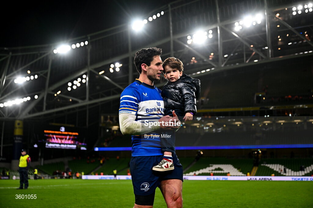 24 October 2026; Joey Carbery of Leinster and his son Beau after the United Rugby Championship match between Leinster and Munster at the Aviva Stadium in Dublin. Photo by Tyler Miller/Sportsfile