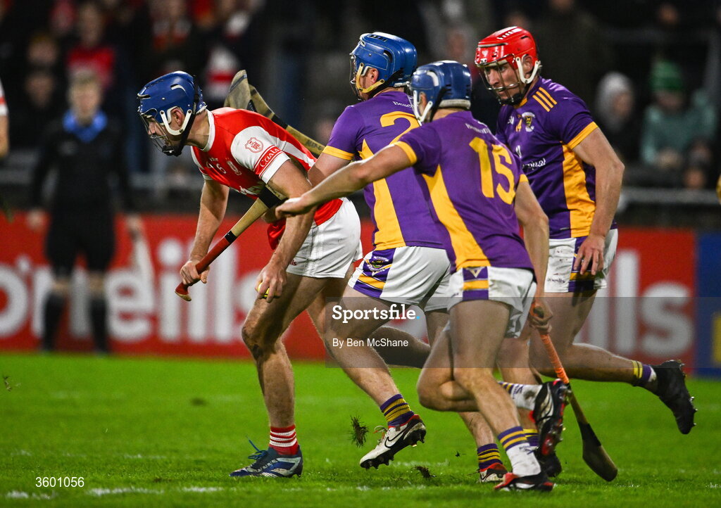 24 October 2026; Sean Moran of Cuala in action against Kilmacud Crokes players, from left, Oisin O'Rorke, Dara Purcell and Alex Considine during the PTSB Dublin County Senior Club Hurling Championship final match between Cuala and Kilmacud Crokes at Parnell Park in Dublin. Photo by Ben McShane/Sportsfile