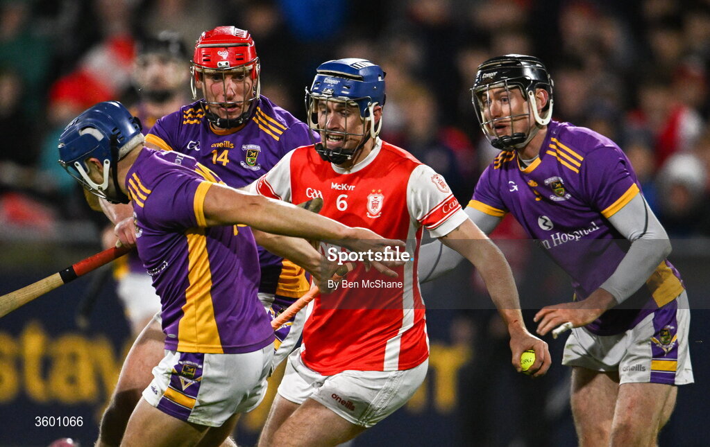 24 October 2026; Sean Moran of Cuala in action against Kilmacud Crokes players, from left, Dara Purcell, Alex Considine and Caolan Conway during the PTSB Dublin County Senior Club Hurling Championship final match between Cuala and Kilmacud Crokes at Parnell Park in Dublin. Photo by Ben McShane/Sportsfile