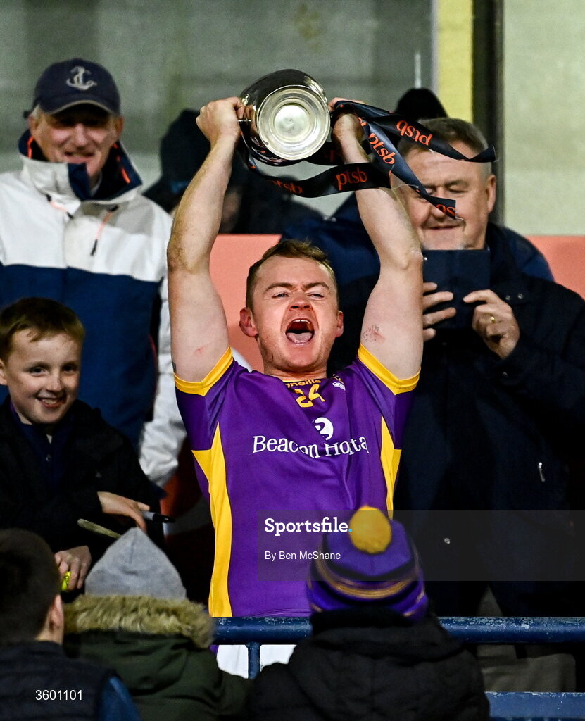 24 October 2026; Kilmacud Crokes captain Oisin O'Rorke lifts the cup after the PTSB Dublin County Senior Club Hurling Championship final match between Cuala and Kilmacud Crokes at Parnell Park in Dublin. Photo by Ben McShane/Sportsfile