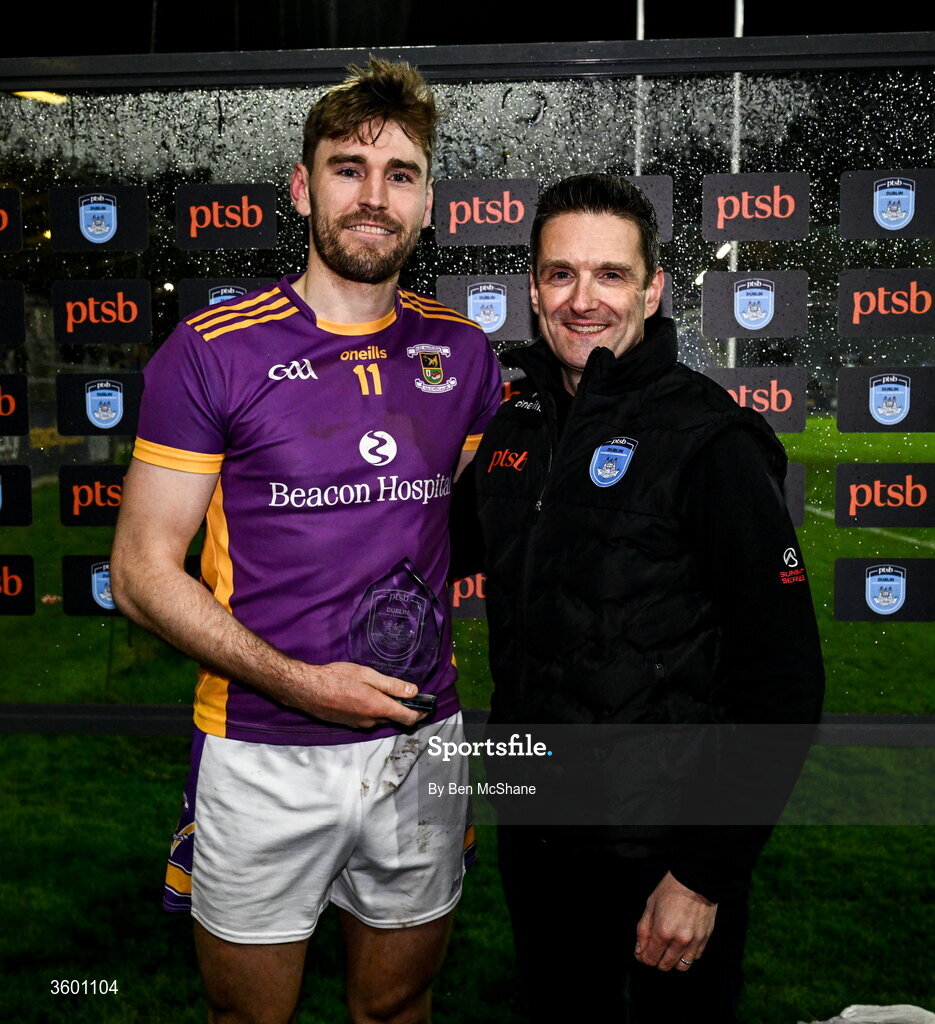 24 October 2026; Ronan Hayes of Kilmacud Crokes is presented the Player of the Match award by Stephen Jackson, PTSB, after the PTSB Dublin County Senior Club Hurling Championship final match between Cuala and Kilmacud Crokes at Parnell Park in Dublin. Photo by Ben McShane/Sportsfile