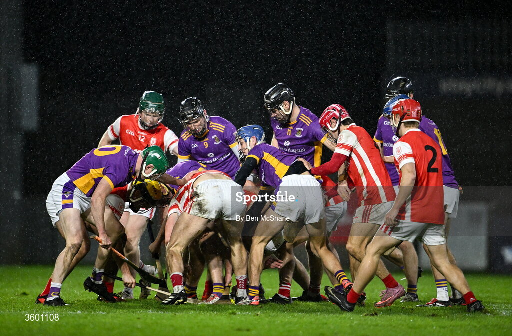 24 October 2026; Players of both sides contest possession during the PTSB Dublin County Senior Club Hurling Championship final match between Cuala and Kilmacud Crokes at Parnell Park in Dublin. Photo by Ben McShane/Sportsfile