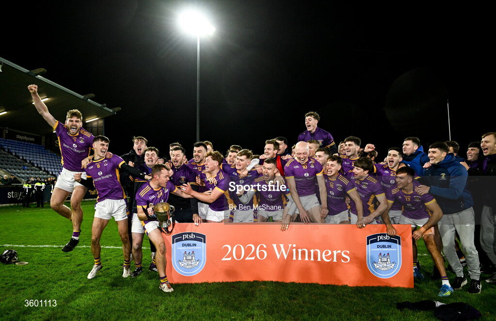 24 October 2026; Kilmacud Crokes players celebrate with the cup after the PTSB Dublin County Senior Club Hurling Championship final match between Cuala and Kilmacud Crokes at Parnell Park in Dublin. Photo by Ben McShane/Sportsfile