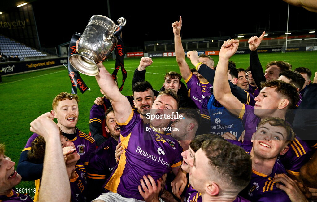 24 October 2026; Kilmacud Crokes captain Oisin O'Rorke celebrates with his teammates and the cup after after the PTSB Dublin County Senior Club Hurling Championship final match between Cuala and Kilmacud Crokes at Parnell Park in Dublin. Photo by Ben McShane/Sportsfile