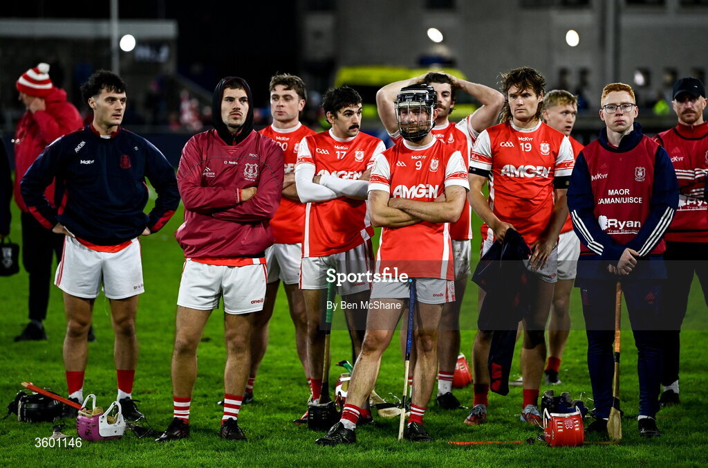 24 October 2026; Cuala players react after their defeat in the PTSB Dublin County Senior Club Hurling Championship final match between Cuala and Kilmacud Crokes at Parnell Park in Dublin. Photo by Ben McShane/Sportsfile