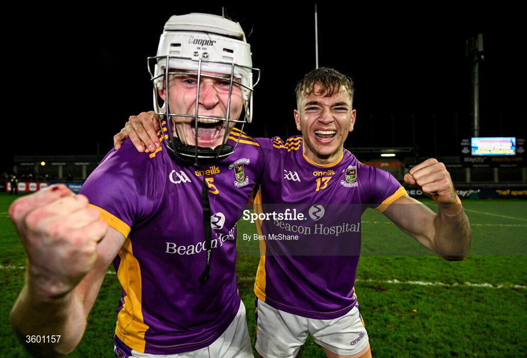 24 October 2026; Brendan Kenny, right, and Conal O Riain of Kilmacud Crokes celebrate after the PTSB Dublin County Senior Club Hurling Championship final match between Cuala and Kilmacud Crokes at Parnell Park in Dublin. Photo by Ben McShane/Sportsfile