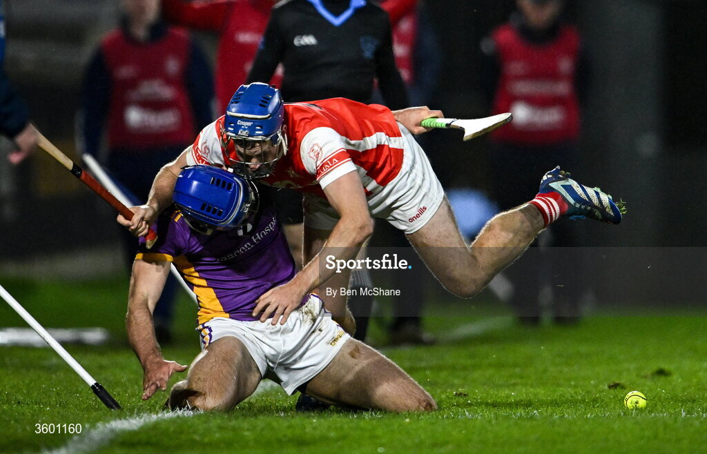 24 October 2026; Ger Veale of Kilmacud Crokes is tackled by Sean Moran of Cuala during the PTSB Dublin County Senior Club Hurling Championship final match between Cuala and Kilmacud Crokes at Parnell Park in Dublin. Photo by Ben McShane/Sportsfile