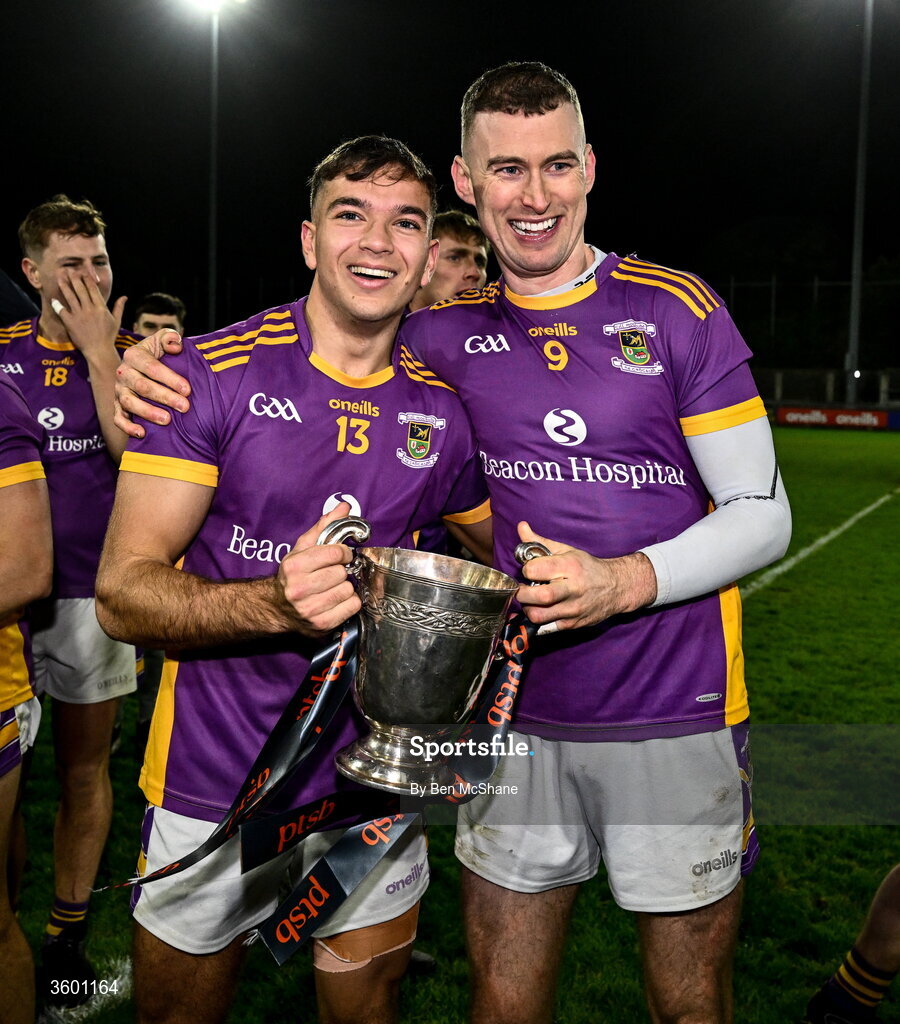 24 October 2026; Brendan Kenny, left, and Caolan Conway of Kilmacud Crokes celebrate with the cup after the PTSB Dublin County Senior Club Hurling Championship final match between Cuala and Kilmacud Crokes at Parnell Park in Dublin. Photo by Ben McShane/Sportsfile