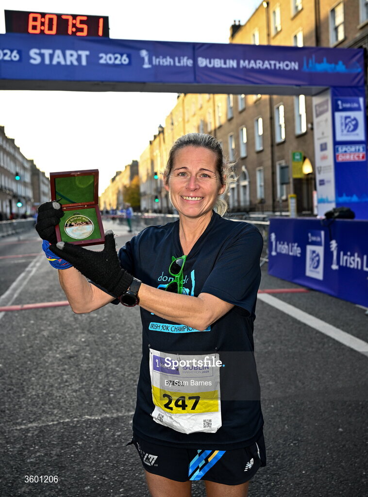 25 October 2026; Brenda Okeeffe Miere is presented the Lord Mayor Dublin Marathon Medal before the 2026 Irish Life Dublin Marathon, as thousands of runners took to the streets of Dublin for the 45th running of the event. Photo by Sam Barnes/Sportsfile
