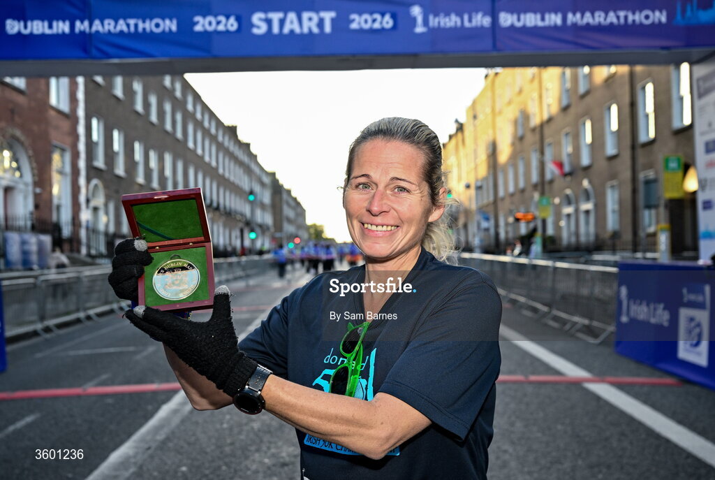 25 October 2026; Brenda Okeeffe Miere with her Lord Mayor Dublin Marathon medal before the 2026 Irish Life Dublin Marathon, as thousands of runners took to the streets of Dublin for the 45th running of the event. Photo by Sam Barnes/Sportsfile