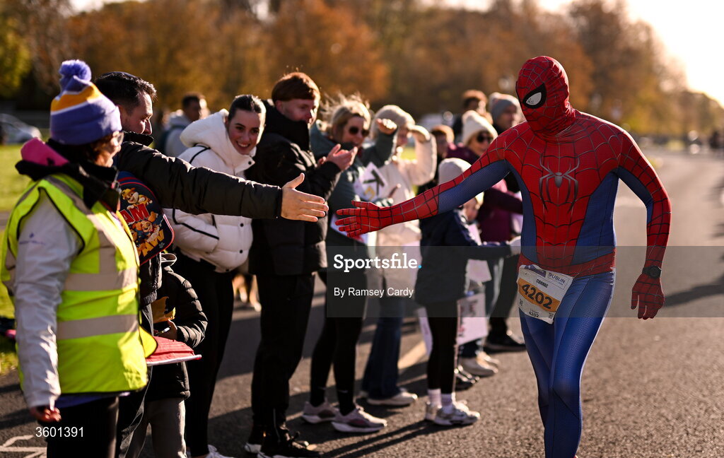 25 October 2026; Cormac O' Floinn, dressed as Spider-Man, during the 2026 Irish Life Dublin Marathon, as thousands of runners took to the streets of Dublin for the 45th running of the event. Photo by Ramsey Cardy/Sportsfile