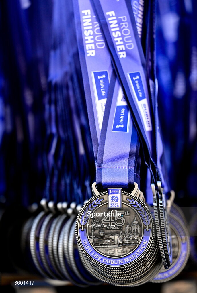 25 October 2026; A view of the finishers' medals during the 2026 Irish Life Dublin Marathon, as thousands of runners took to the streets of Dublin for the 45th running of the event. Photo by Sam Barnes/Sportsfile