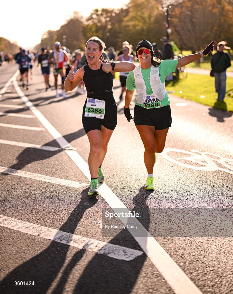 25 October 2026; Camilla Astrup, left, Ciara O' Connor during the 2026 Irish Life Dublin Marathon, as thousands of runners took to the streets of Dublin for the 45th running of the event. Photo by Ramsey Cardy/Sportsfile