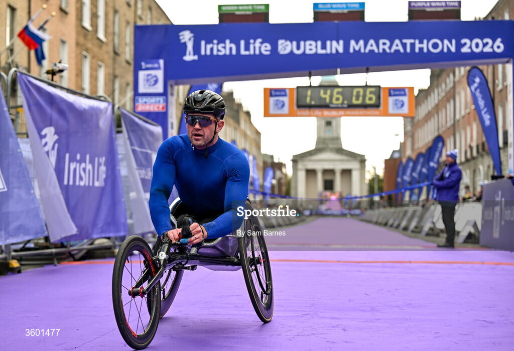 25 October 2026; Patrick Monahan of Ireland after finishing the 2026 Irish Life Dublin Marathon, as thousands of runners took to the streets of Dublin for the 45th running of the event. Photo by Sam Barnes/Sportsfile