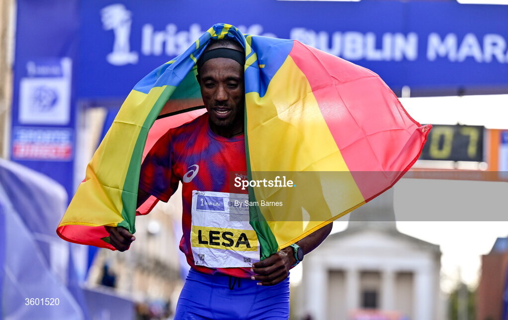 25 October 2026; Abay Alemu Lesa of Ethiopia after winning the 2026 Irish Life Dublin Marathon, as thousands of runners took to the streets of Dublin for the 45th running of the event. Photo by Sam Barnes/Sportsfile