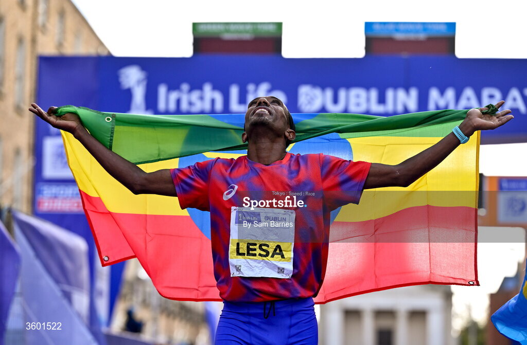 25 October 2026; Abay Alemu Lesa of Ethiopia after winning during the 2026 Irish Life Dublin Marathon, as thousands of runners took to the streets of Dublin for the 45th running of the event. Photo by Sam Barnes/Sportsfile