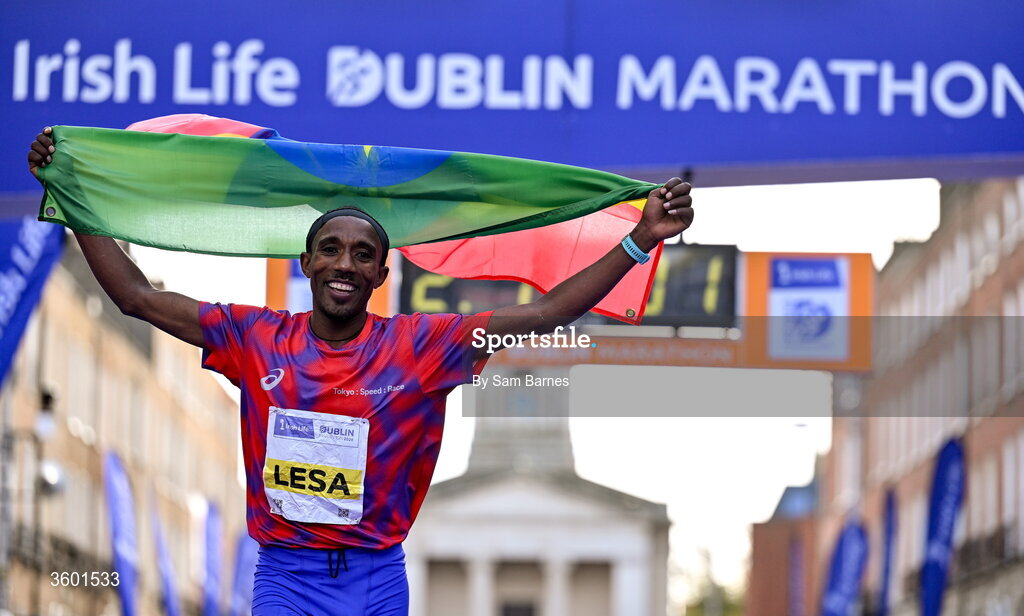 25 October 2026; Abay Alemu Lesa of Ethiopia after winning the 2026 Irish Life Dublin Marathon, as thousands of runners took to the streets of Dublin for the 45th running of the event. Photo by Sam Barnes/Sportsfile