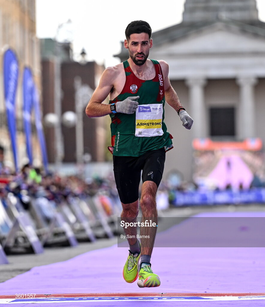 25 October 2026; National champion Hugh Armstrong of Ireland crosses the line during the 2026 Irish Life Dublin Marathon, as thousands of runners took to the streets of Dublin for the 45th running of the event. Photo by Sam Barnes/Sportsfile
