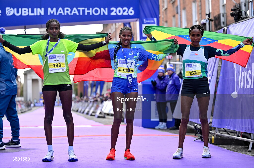 25 October 2026; Women's top 3 finishers, from left, second place Tenebeb Nega Aynalem, winner Zenebu Fikdau Jebesa of Ethiopia and third place Sechele Dalasa Adugna during the 2026 Irish Life Dublin Marathon, as thousands of runners took to the streets of Dublin for the 45th running of the event. Photo by Sam Barnes/Sportsfile