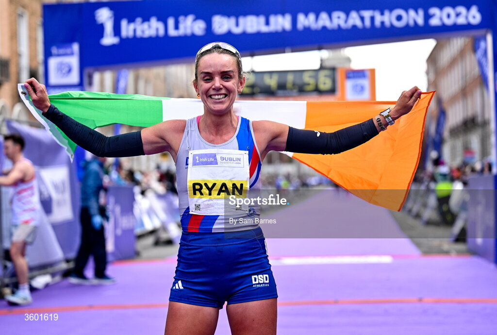 25 October 2026; Meghan Ryan of Ireland after finishing third place in the Women's National Championship during the 2026 Irish Life Dublin Marathon, as thousands of runners took to the streets of Dublin for the 45th running of the event. Photo by Sam Barnes/Sportsfile