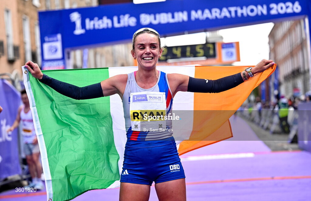25 October 2026; Meghan Ryan of Ireland after finishing third place in the Women's National Championship during the 2026 Irish Life Dublin Marathon, as thousands of runners took to the streets of Dublin for the 45th running of the event. Photo by Sam Barnes/Sportsfile