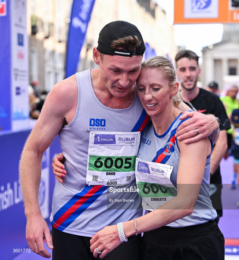 25 October 2026; David Gillick of Dundrum South Dublin AC, with his wife Charlotte Gillick of Dundrum South Dublin AC, during the 2026 Irish Life Dublin Marathon, as thousands of runners took to the streets of Dublin for the 45th running of the event. Photo by Sam Barnes/Sportsfile