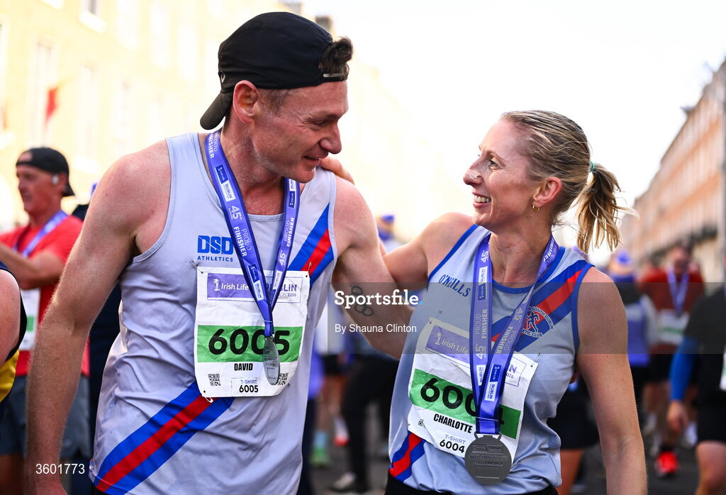 25 October 2026; David Gillick of Dundrum South Dublin AC, and Charlotte Gillick of Dundrum South Dublin AC, during the 2026 Irish Life Dublin Marathon, as thousands of runners took to the streets of Dublin for the 45th running of the event. Photo by Shauna Clinton/Sportsfile