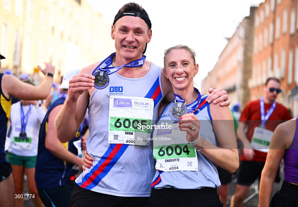 25 October 2026; David Gillick of Dundrum South Dublin AC, and Charlotte Gillick of Dundrum South Dublin AC, during the 2026 Irish Life Dublin Marathon, as thousands of runners took to the streets of Dublin for the 45th running of the event. Photo by Shauna Clinton/Sportsfile