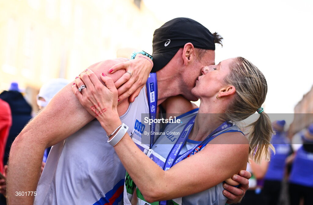 25 October 2026; David Gillick of Dundrum South Dublin AC, and Charlotte Gillick of Dundrum South Dublin AC, during the 2026 Irish Life Dublin Marathon, as thousands of runners took to the streets of Dublin for the 45th running of the event. Photo by Shauna Clinton/Sportsfile