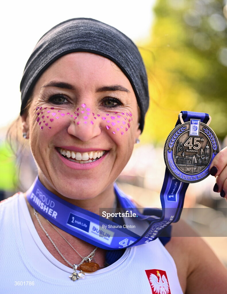25 October 2026; Urszula Musik after the 2026 Irish Life Dublin Marathon, as thousands of runners took to the streets of Dublin for the 45th running of the event. Photo by Shauna Clinton/Sportsfile