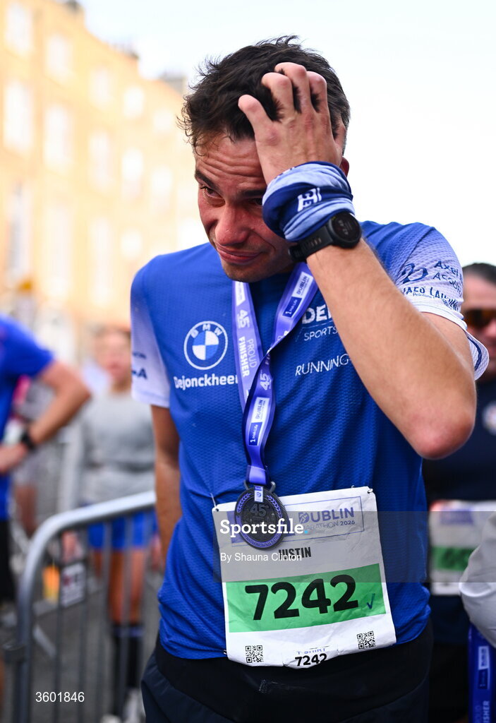 25 October 2026; Participants receive their finishers medals after the 2026 Irish Life Dublin Marathon, as thousands of runners took to the streets of Dublin for the 45th running of the event. Photo by Shauna Clinton/Sportsfile
