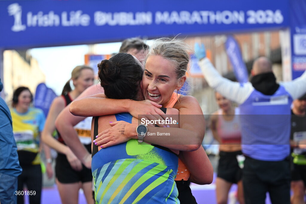 25 October 2026; Jen Nolan, left, and Susan Murray after the 2026 Irish Life Dublin Marathon, as thousands of runners took to the streets of Dublin for the 45th running of the event. Photo by Sam Barnes/Sportsfile