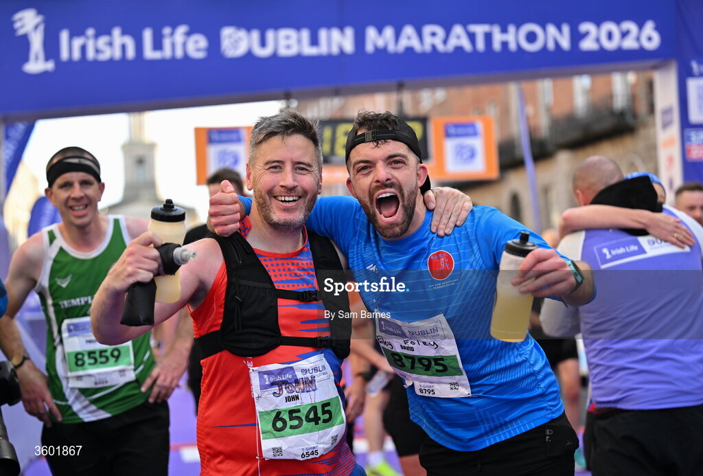 25 October 2026; John Bowe of Artane/Beaumont Running Club AC, Dublin, and David Mc Gorman of Artane/Beaumont Running Club AC, Dublin 13, after the 2026 Irish Life Dublin Marathon, as thousands of runners took to the streets of Dublin for the 45th running of the event. Photo by Sam Barnes/Sportsfile