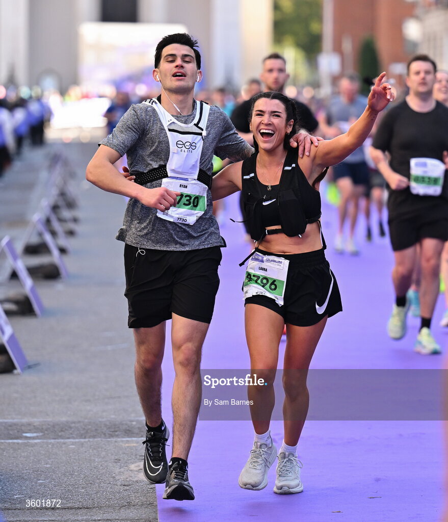25 October 2026; Ryan O'Connor, left, and Laura Naughton after the 2026 Irish Life Dublin Marathon, as thousands of runners took to the streets of Dublin for the 45th running of the event. Photo by Sam Barnes/Sportsfile