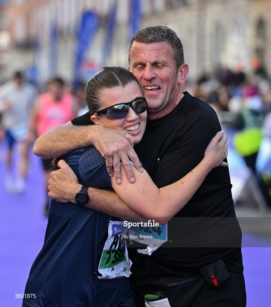 25 October 2026; Ava Whiteley, left, and Stephen Whiteley after the 2026 Irish Life Dublin Marathon, as thousands of runners took to the streets of Dublin for the 45th running of the event. Photo by Sam Barnes/Sportsfile