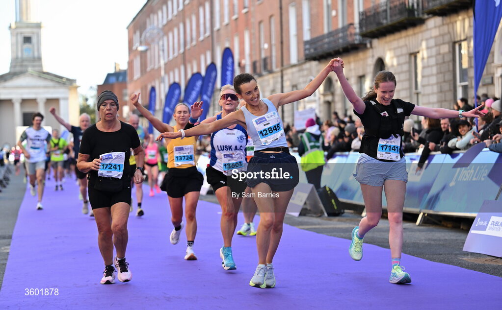 25 October 2026; Miriam Boland, left, and Megan Lennon after the 2026 Irish Life Dublin Marathon, as thousands of runners took to the streets of Dublin for the 45th running of the event. Photo by Sam Barnes/Sportsfile