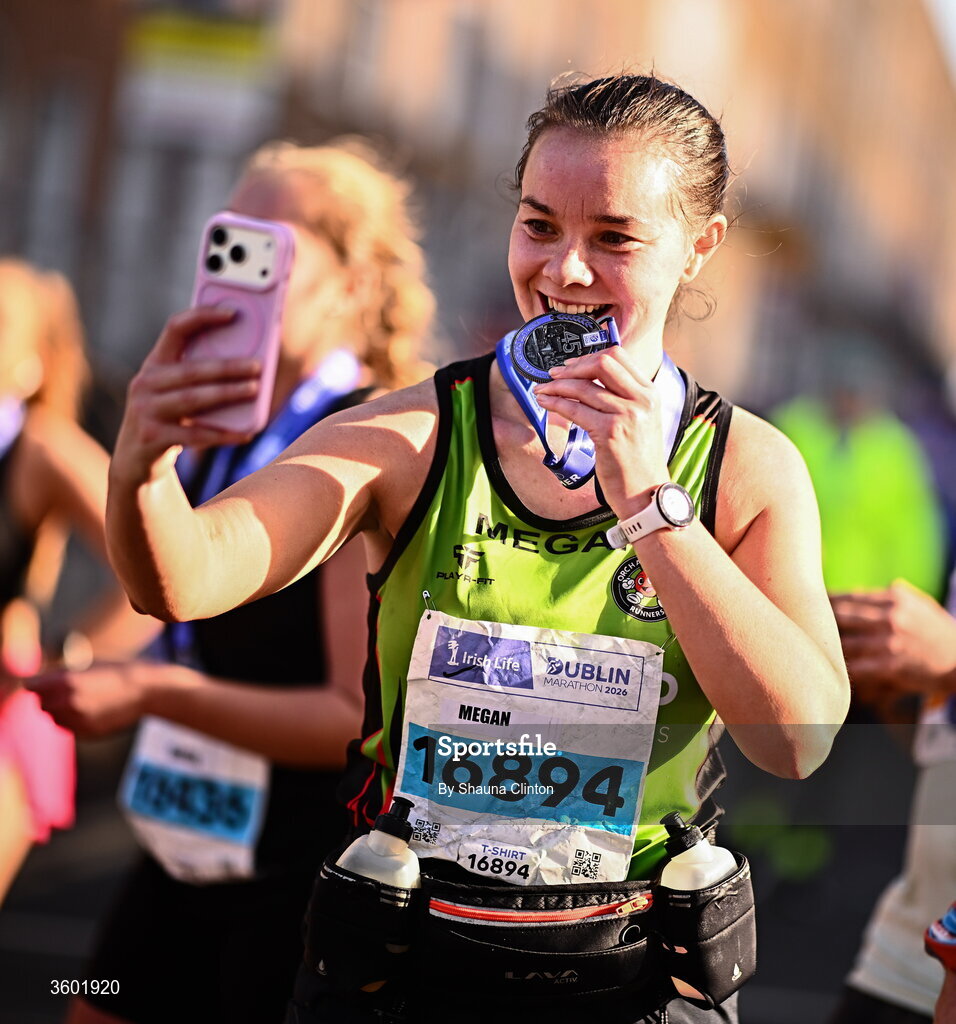 25 October 2026; Megan Bothwell after the 2026 Irish Life Dublin Marathon, as thousands of runners took to the streets of Dublin for the 45th running of the event. Photo by Shauna Clinton/Sportsfile