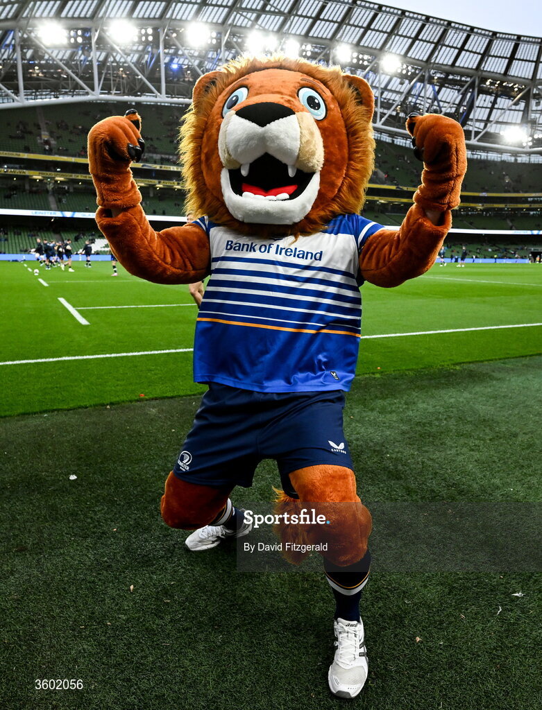 24 October 2026; Leinster mascot Leo the Lion before the United Rugby Championship match between Leinster and Munster at the Aviva Stadium in Dublin. Photo by David Fitzgerald/Sportsfile