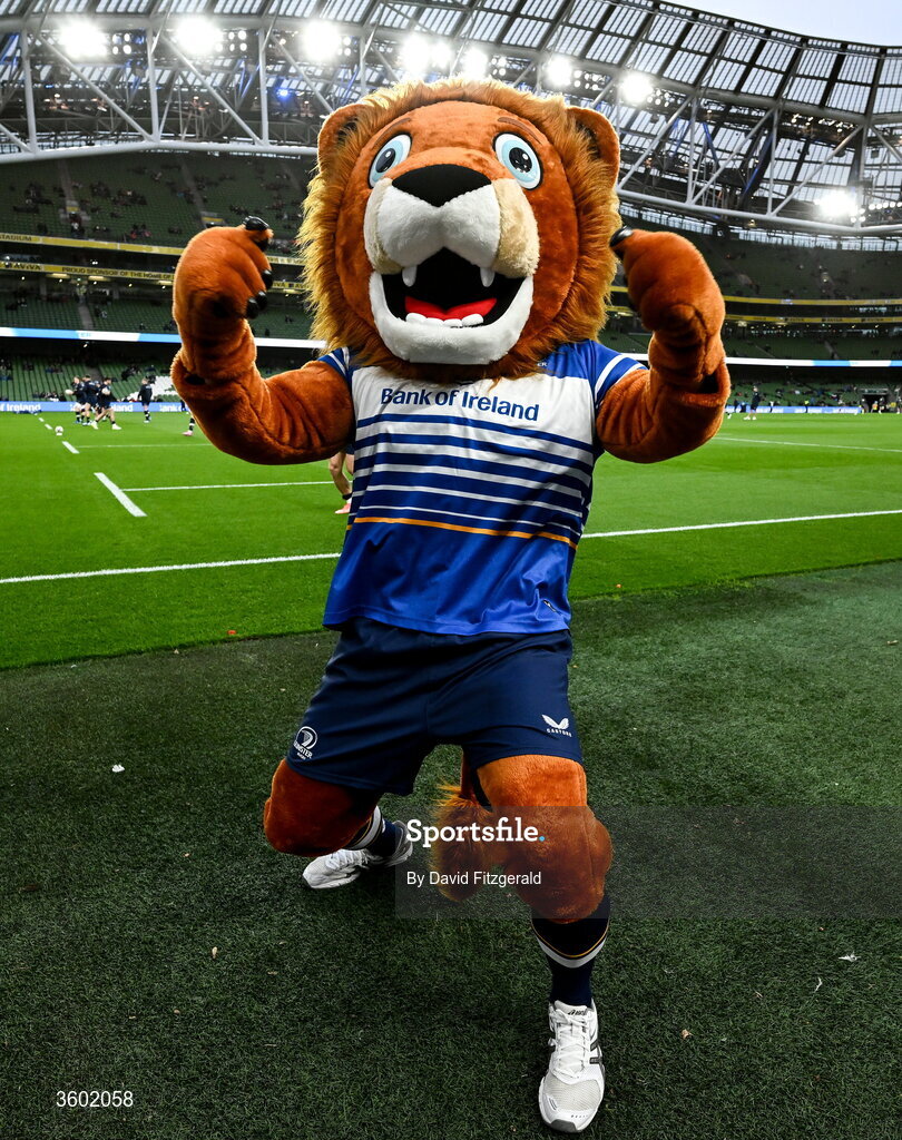 24 October 2026; Leinster mascot Leo the Lion before the United Rugby Championship match between Leinster and Munster at the Aviva Stadium in Dublin. Photo by David Fitzgerald/Sportsfile