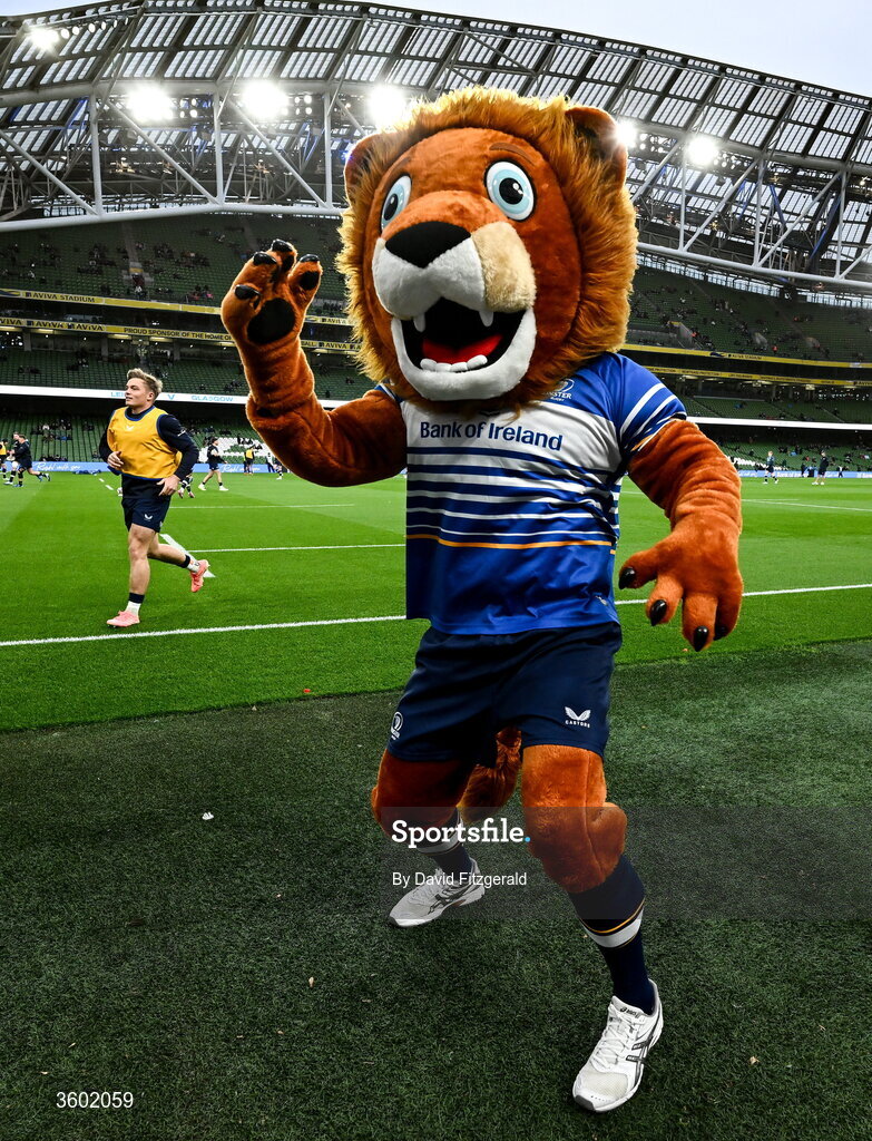 24 October 2026; Leinster mascot Leo the Lion before the United Rugby Championship match between Leinster and Munster at the Aviva Stadium in Dublin. Photo by David Fitzgerald/Sportsfile