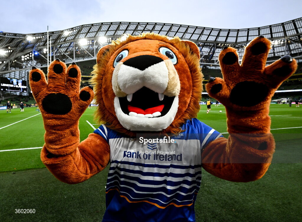 24 October 2026; Leinster mascot Leo the Lion before the United Rugby Championship match between Leinster and Munster at the Aviva Stadium in Dublin. Photo by David Fitzgerald/Sportsfile