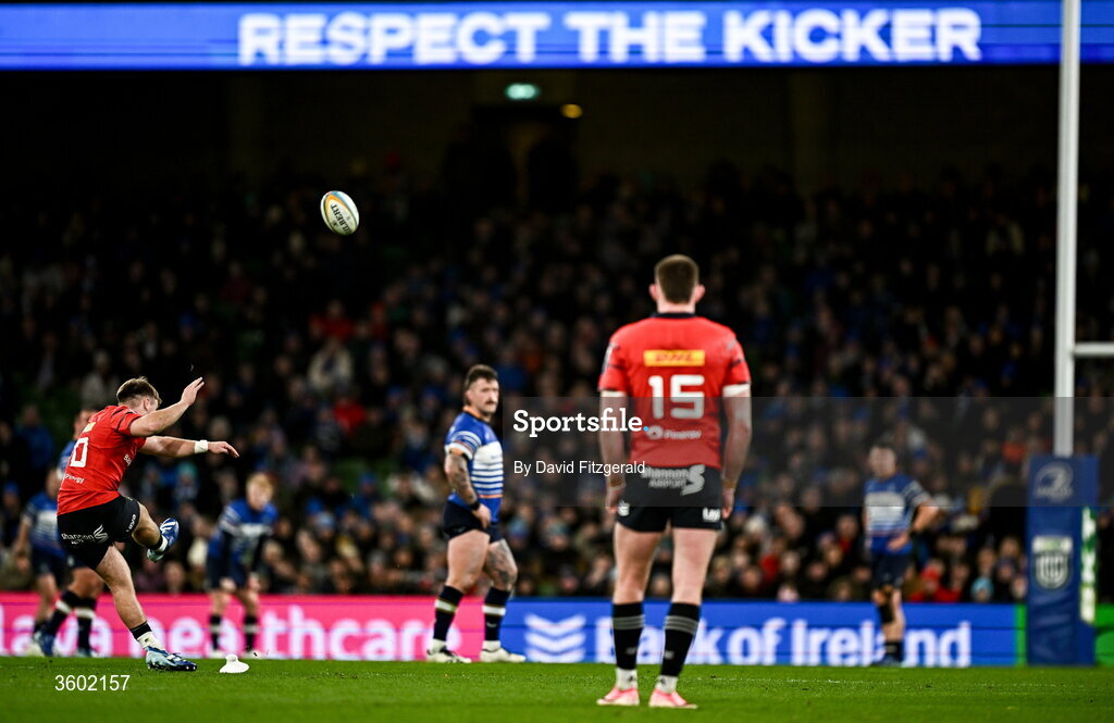 24 October 2026; Charlie O'Shea of Munster kicks a penalty during the United Rugby Championship match between Leinster and Munster at the Aviva Stadium in Dublin. Photo by David Fitzgerald/Sportsfile