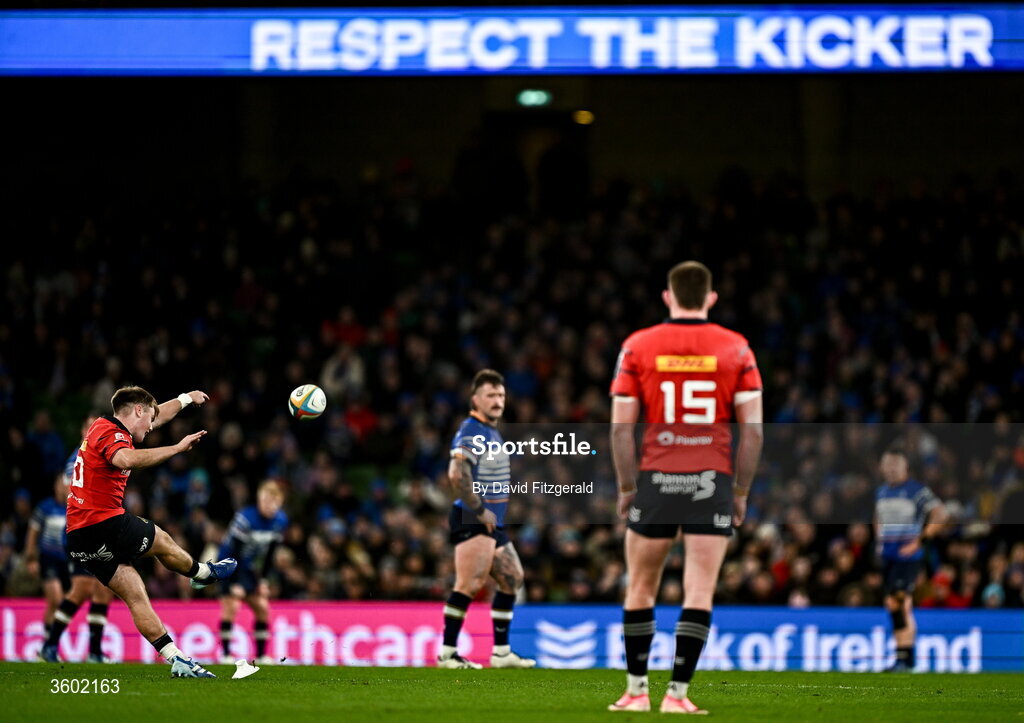24 October 2026; Charlie O'Shea of Munster kicks a penalty during the United Rugby Championship match between Leinster and Munster at the Aviva Stadium in Dublin. Photo by David Fitzgerald/Sportsfile