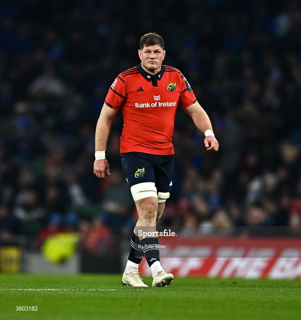 24 October 2026; Jack O'Donoghue of Munster during the United Rugby Championship match between Leinster and Munster at the Aviva Stadium in Dublin. Photo by Tyler Miller/Sportsfile