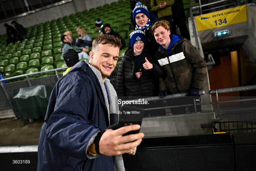24 October 2026; Josh van der Flier of Leinster with supporters after the United Rugby Championship match between Leinster and Munster at the Aviva Stadium in Dublin. Photo by Tyler Miller/Sportsfile