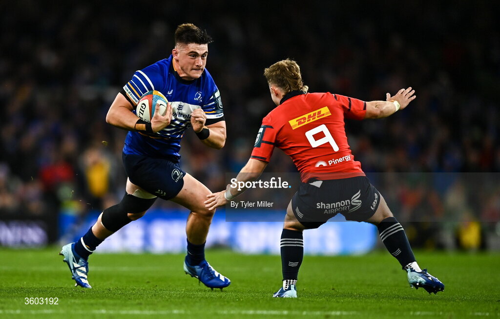 24 October 2026; Dan Sheehan of Leinster in action against Craig Casey of Munster during the United Rugby Championship match between Leinster and Munster at the Aviva Stadium in Dublin. Photo by Tyler Miller/Sportsfile
