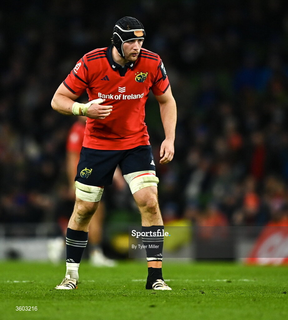 24 October 2026; Gavin Coombes of Munster during the United Rugby Championship match between Leinster and Munster at the Aviva Stadium in Dublin. Photo by Tyler Miller/Sportsfile