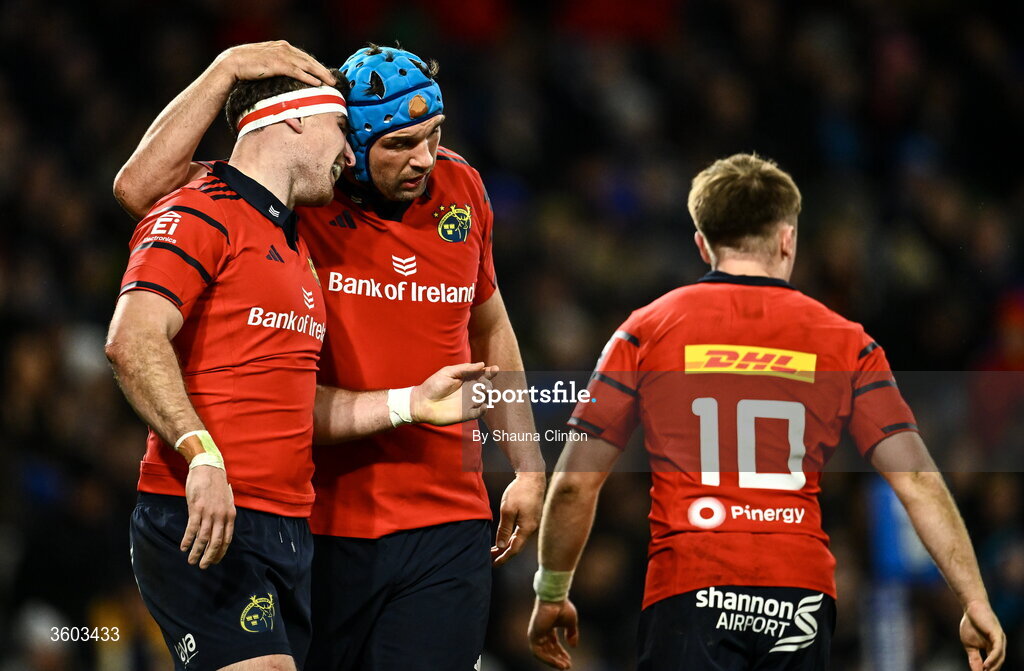 24 October 2026; Shane Daly of Munster, left, is congratulated by team-mate Tadhg Beirne after scoring his side's first try during the United Rugby Championship match between Leinster and Munster at the Aviva Stadium in Dublin. Photo by Shauna Clinton/Sportsfile